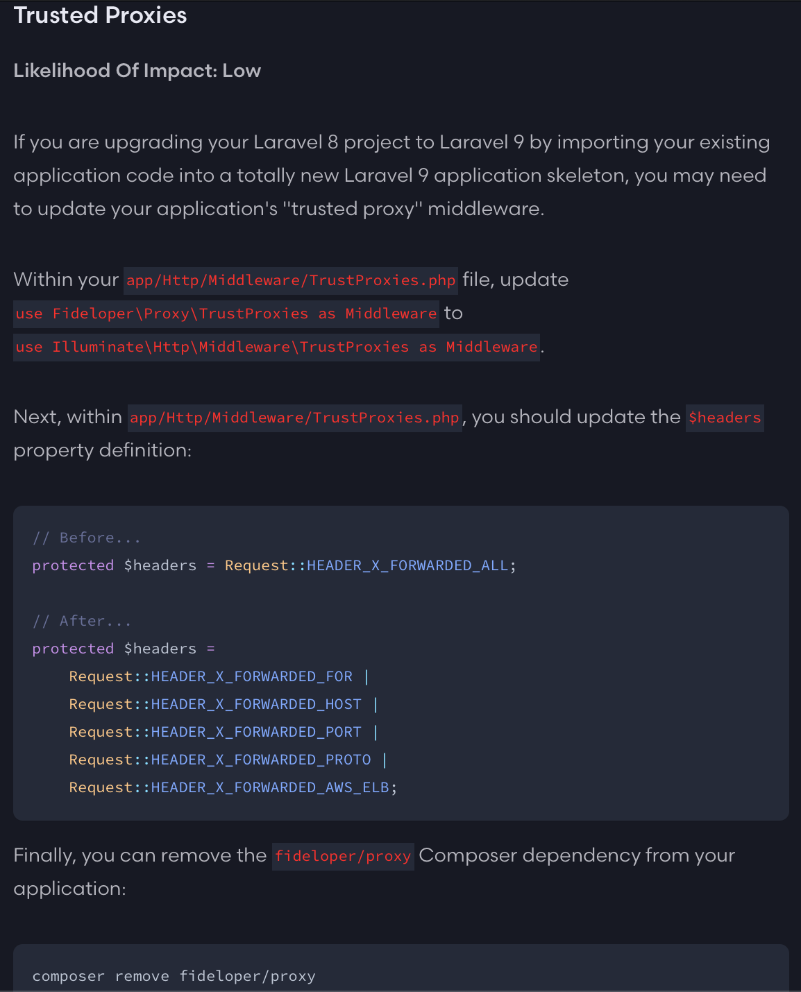 Changing of TrustProxies on Laravel 9 (Source: https://laravel.com/docs/9.x/upgrade#the-assert-deleted-method)