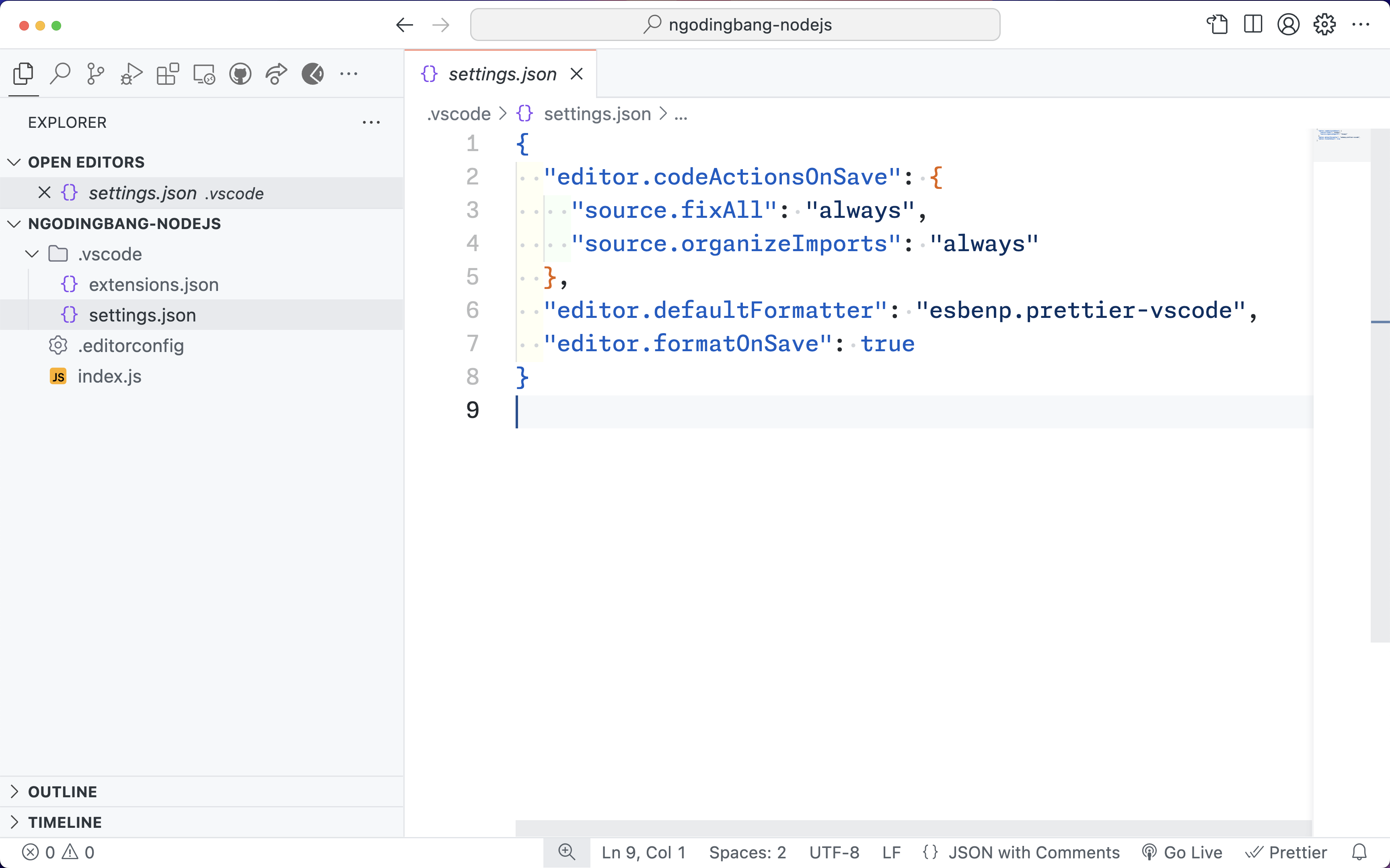 Example of settings.json configuration in VSCode