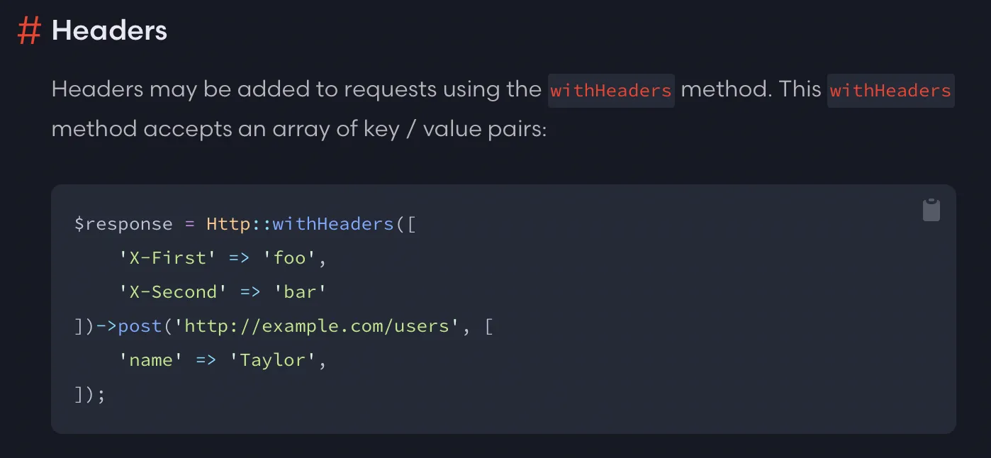 Source: https://laravel.com/docs/9.x/http-client#headers