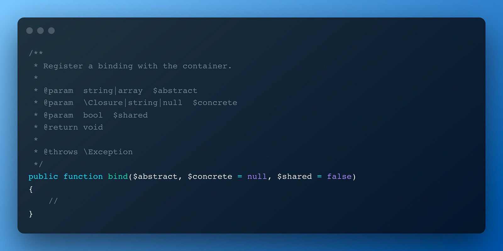 An example of valid PHPDoc in Laravel source code. (Source: https://laravel.com/docs/9.x/contributions#phpdoc)
