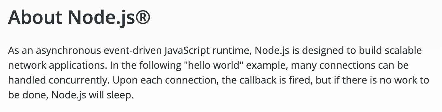 Explanation about Node.js in their official documentation (Source: https://nodejs.org/en/about)