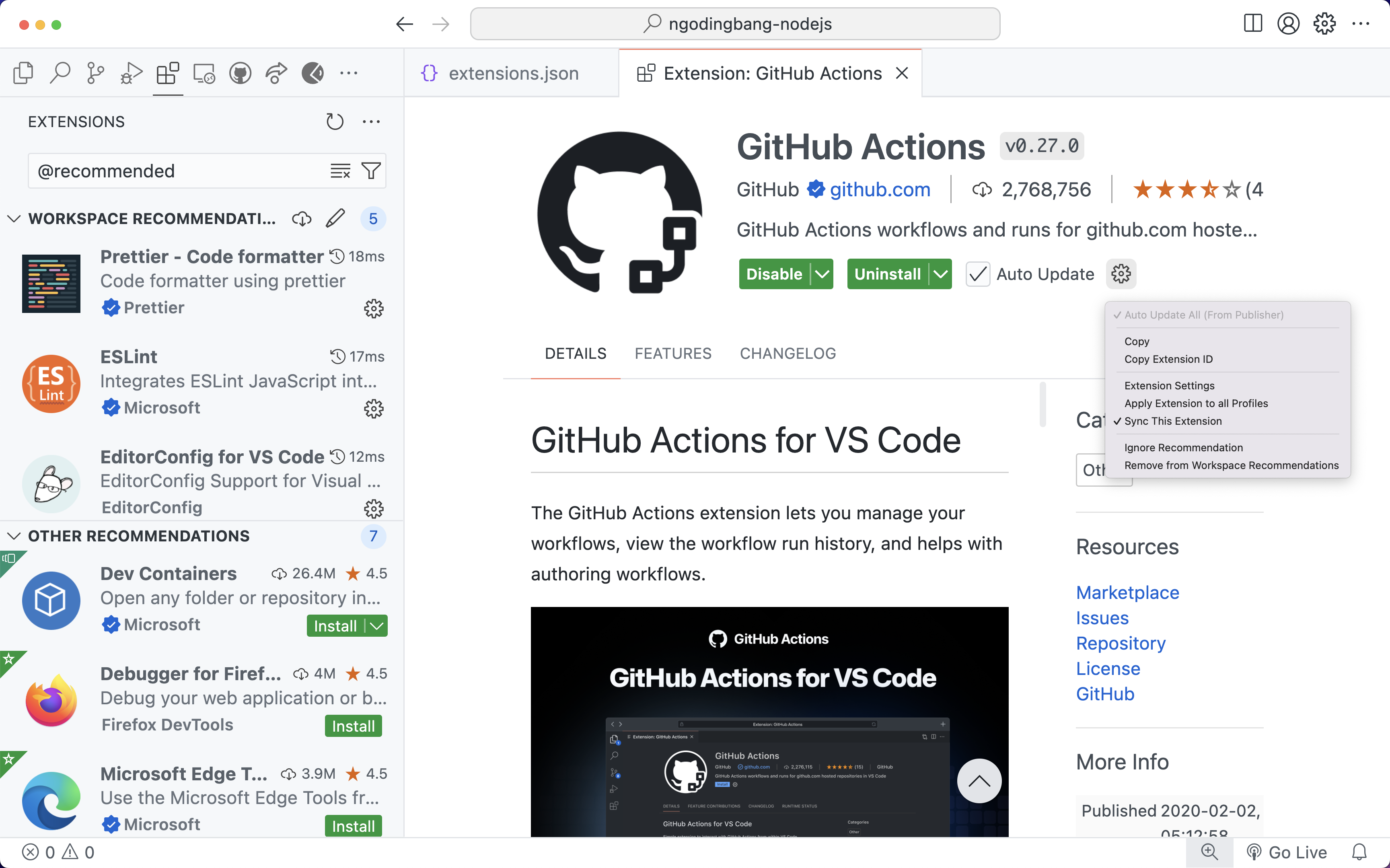 GitHub Actions extension in VSCode. Copy the Extension ID by clicking Copy Extension ID as shown in the image.