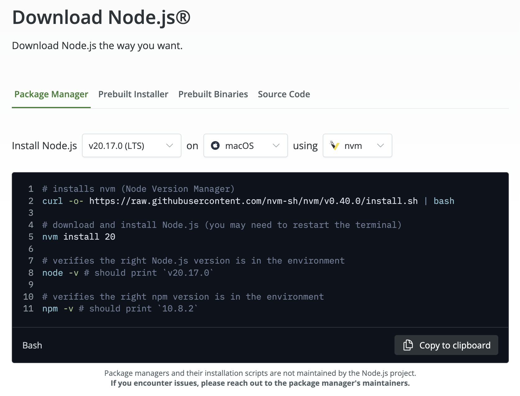 Installing Node.js on macOS using nvm.