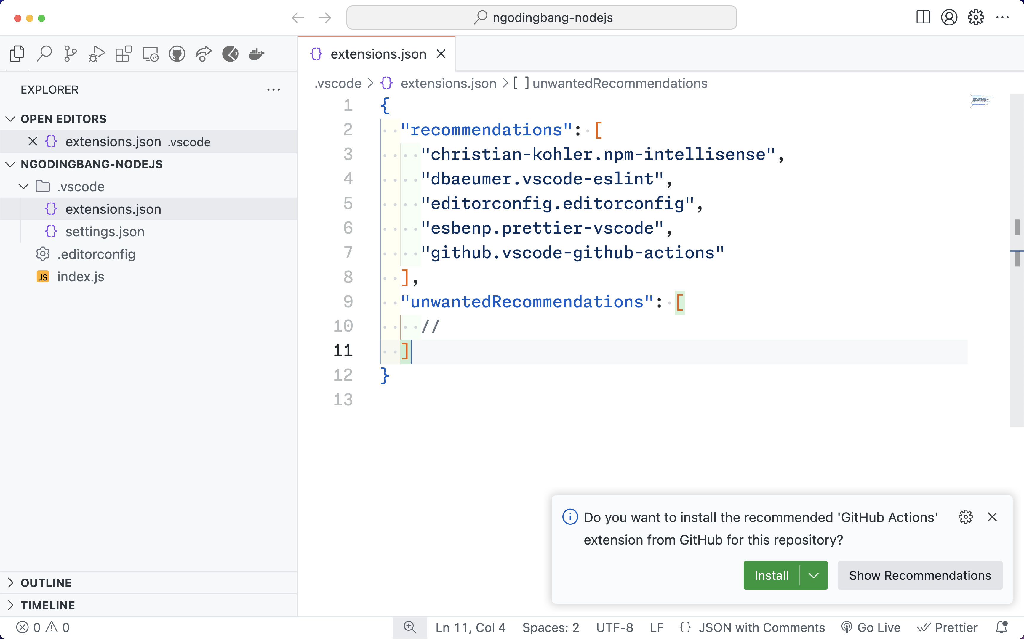 VSCode will display a warning if there are extensions in extensions.json that haven’t been installed.