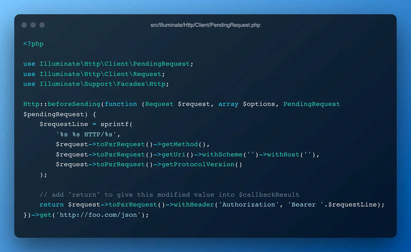 This is the code to add request headers to HTTP Client dynamically after adjustment. There is the addition of the keyword “return” at the end of the callback so that the modified $request can be passed to the $callbackResult belonging to the PendingRequest class.